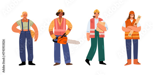 Female characters working on factory holding tools and heavy equipment for work. Vector in flat style, isolated set of women with jigsaw and level, protective helmets and papers for inspection