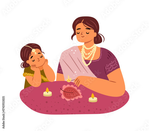 Indian people wearing traditional costumes lighting oil lamp. Vector isolated mother and daughter preparing to celebrate Deepavali or Diwali. Hindu culture and religion festival celebration