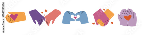 Couple holding hands, gestures and symbols. Vector in flat style, isolated non verbal expression. Romantic feelings and expressing emotions, showing love and hearts, affection and fondness