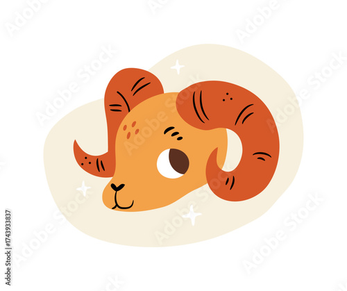 Horoscope sign of aries, isolated doodle of cute animal with horns. Vector in flat style, astrological earth element symbol, characteristics of person based on day of birth, astrology science