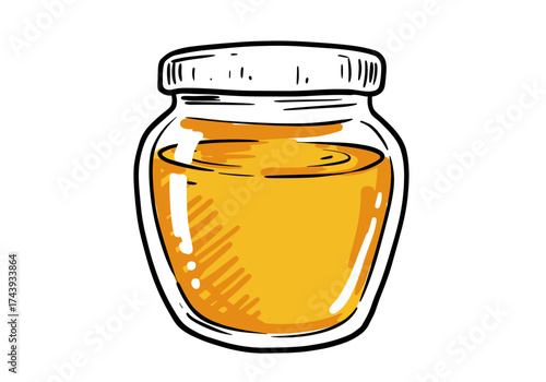 Handdrawn glass jar of golden honey with a white lid in a sketchy cartoon style with bold outlines.
