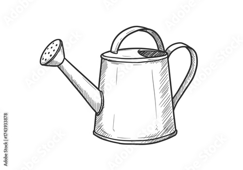 Handdrawn sketch of a classic metal watering can with a rose.