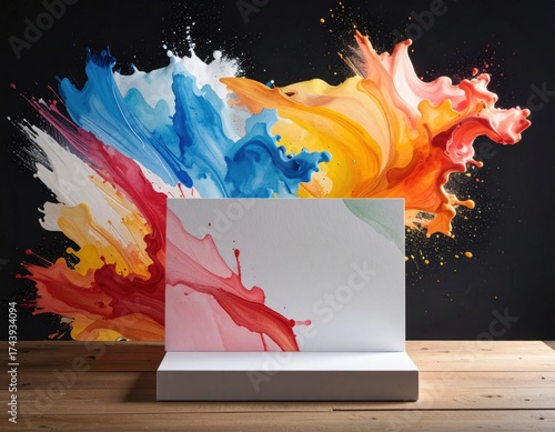 Abstract Watercolor Explosion with a Blank White Podium on a Wooden Surface
