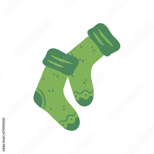 Winter clothes and accessories, isolated warm socks for cold weather. Vector knitted handmade clothing for frost with lines print and dots. Fashionable and stylish apparel, christmas decoration