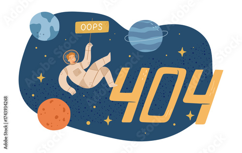 Page not found error message on user UI. Vector in flat style, isolate code and oops, personage floating in space among planets and stars. Warning or information about problem or broken link