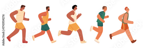 Athletes taking part in marathon. Vector in flat style, isolated set of people, group of men running and keeping active lifestyle. Participating in healthy competition, jogging in morning
