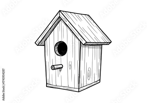 Handdrawn Birdhouse Illustration with Round Entrance and Perch Black and White.