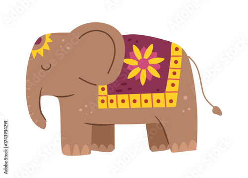 Diwali elephant decorated with cape on back and rangoli print on head. Vector icon of indian festival of lights. Symbol of royal power and wisdom. Dipawali festive spirit of abundance and prosperity