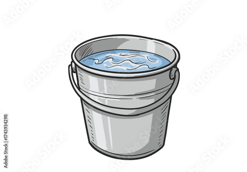 A Silver Metal Bucket Filled With Wavy Blue Water.