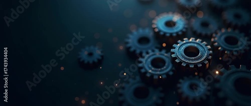 Abstract ISO standards quality control assurance warranty dark background cogs gear mechanism polygon wireframe mesh concept as Dim scene highlights ISO concept cogs gears symbolize precision system q