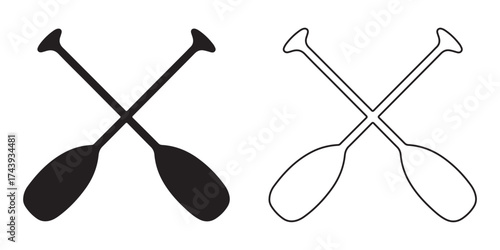 Crossed oars silhouette vector, Two boat paddles silhouette vector,  Canoe oars symbol