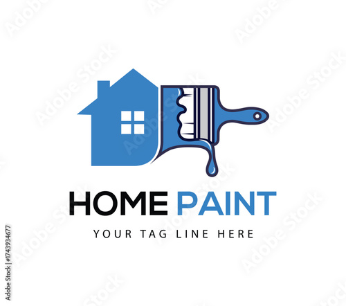 Blue house and paintbrush logo for home painting service isolated on white background featuring renovation decor, clean design, creative concept, and wall color work.