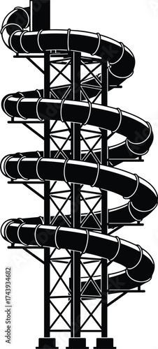 Spiral water slide structure, tall amusement park ride, enclosed tube slide, multi-level design, outdoor recreation, summer fun, engineering marvel, vertical support beams, thrilling attraction