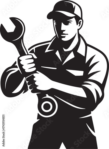 Skilled mechanic holding wrench for auto repair
