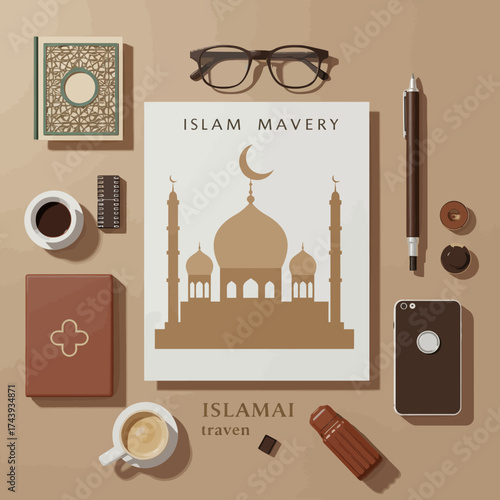 Islamic Mosque Illustration with Study and Writing Materials