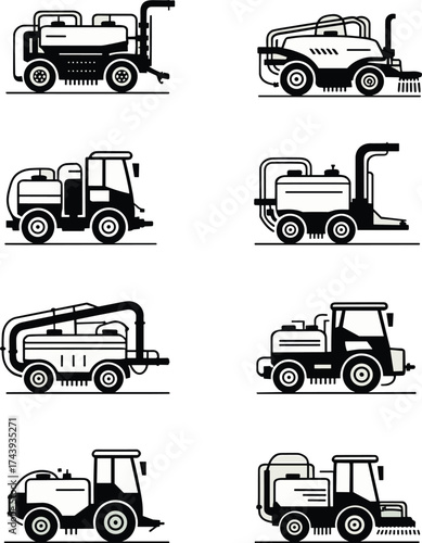 Street cleaning vehicles vector set, municipal cleaning trucks icon collection, sanitation vehicle illustrations, urban utility transport equipment, road sweeper vector graphics pack.