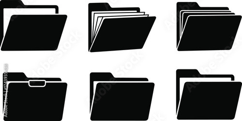File folder icons set, office document storage symbols, black and white illustration, digital file management, paperwork, secure folder, business design