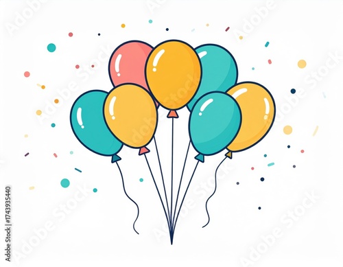 Cluster Of Pixelated Colorful Balloons Tied Together With Confetti Sprinkled Against White Background