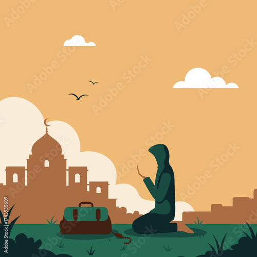 Woman in Hijab Praying with Prayer Beads and Mosque Silhouette