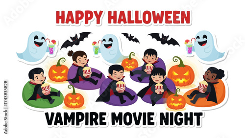 Spooky Movie Night: A whimsical scene captures the spirit of Halloween, with cheerful ghosts, bats, pumpkins, and costumed children ready for a vampire movie night.