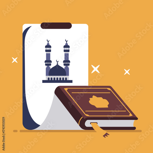 Stylized smartphone displaying mosque illustration beside a brown holy book with golden ornate cover design and bookmark.