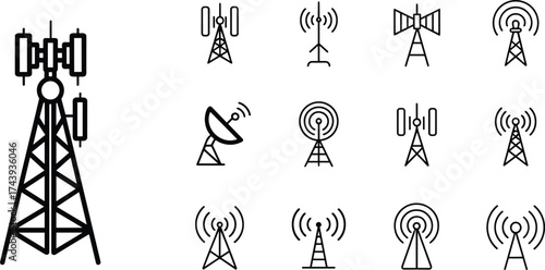 Telecommunication antenna tower icons set, wireless network signal, radio satellite dish, mobile communication technology, 5G internet connection, data transmission vector illustration design