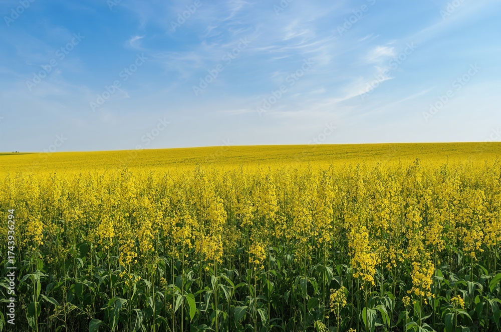 Fototapeta premium Spring and summer landscape with a yellow rapeseed field beneath the sky