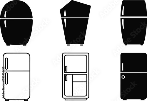 Refrigerator silhouettes set, kitchen appliance icons, black and white fridge designs, household cooling storage, modern and retro refrigerator illustration symbols
