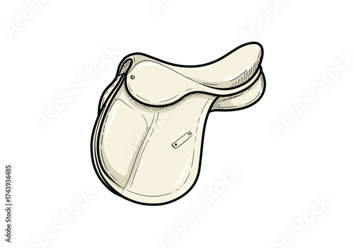 Handdrawn illustration of a classic creamcolored English horse saddle with bold black outlines.