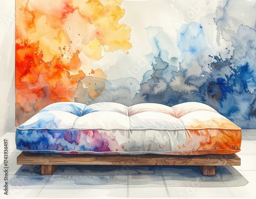 Watercolor Painting of a Wooden Couch with Colorful Abstract Background and Bright Lighting