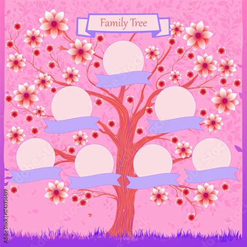 Family tree with decorative leaves in pink tones. Family tree of three generation. Grandparents, parents, children. Vector illustration. A beautifully crafted family tree illustration with banners