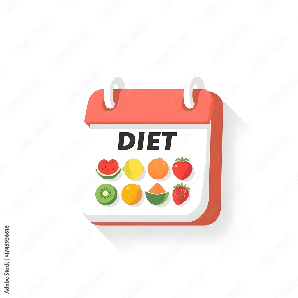 Diet plan calendar icon with various fruit symbols for healthy eating, nutrition schedule, and weight loss management concept Diet plan calendar icon with various fruit symbols for healthy eating, nutrition schedule, and weight loss management concept