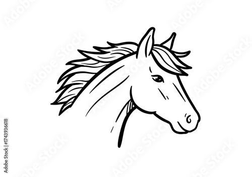 Elegant Horse Head Outline with Flowing Mane and Detailed Features.