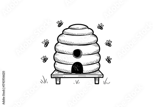 Handdrawn black and white sketch of a traditional tiered beehive with bees flying around it.