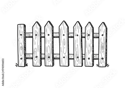 HandDrawn Wooden Picket Fence with Pointed Tops and Grass Detail.