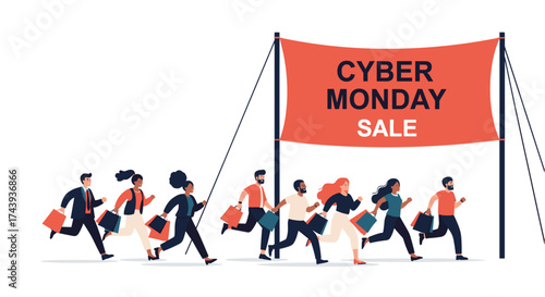 Diverse Crowd Running to Cyber Monday Sale Banner