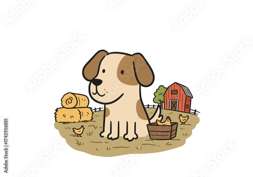 Charming cartoon of a happy spotted dog on a farm with chicks hay bales and a red barn.