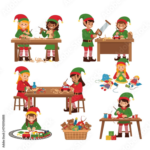Collection of Christmas Elves Making Toys in a Workshop.
