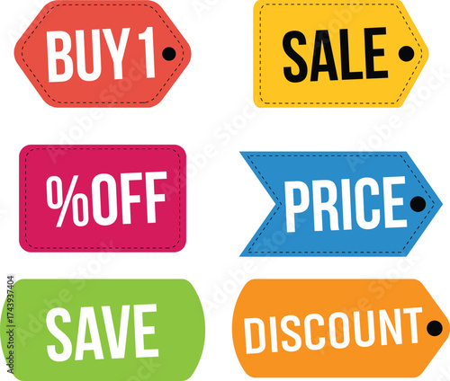 Colorful promotional sale discount offer tags for retail marketing campaign