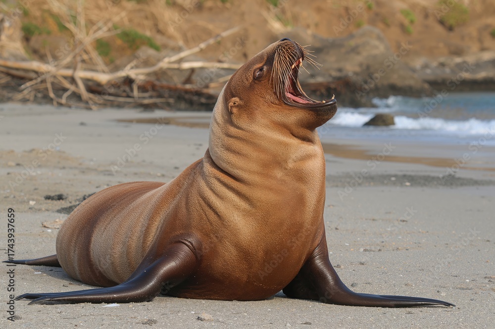 Obraz premium Sea lion (Procurators hookeri) yawning on a coastal beach