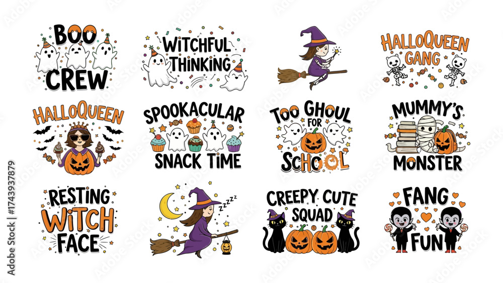 Fototapeta premium Spooktacular Halloween Typography: A collection of charming Halloween-themed illustrations, featuring phrases for the spooky season, perfect for festive design.