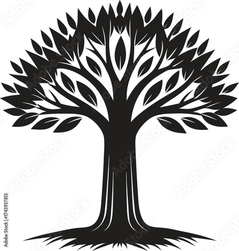 Stylized silhouette of a majestic tree with intricate branches and leaves