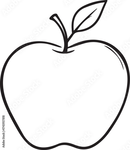 Black and white vector illustration of apple with stem and leaf in minimal line art style
