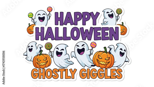 Spooky Delights: Playful Halloween scene filled with grinning ghosts and carved pumpkins. It's a cheerful celebration, spreading spooky vibes and fun.
