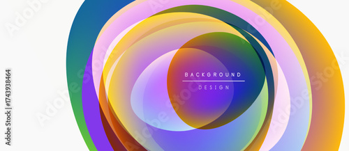 Abstract colorful layers create dynamic circular design. Gradient hues blend, forming modern visual element. Text reads background design.