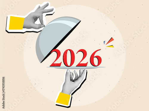 Black and white hands remove the lid from restaurant serving of dish with cloche with a number 2026. Modern collage style. Vector illustration