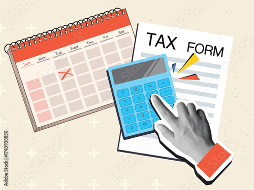 A black and white hand using a calculator with a Tax form document and calendar on a background. Modern photo collage style. Vector illustration