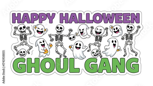 Happy Halloween: A whimsical illustration for a festive Halloween celebration, featuring a joyful ghoul gang of skeletons and ghosts ready for a night of spooky fun and eerie delight.