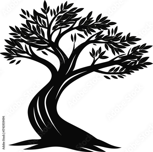 Stylized silhouette of a twisted olive tree