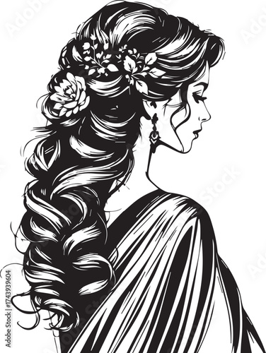 Beautiful Woman Profile with Elaborate Wavy Hairstyle and Floral Elements Vector Line Art